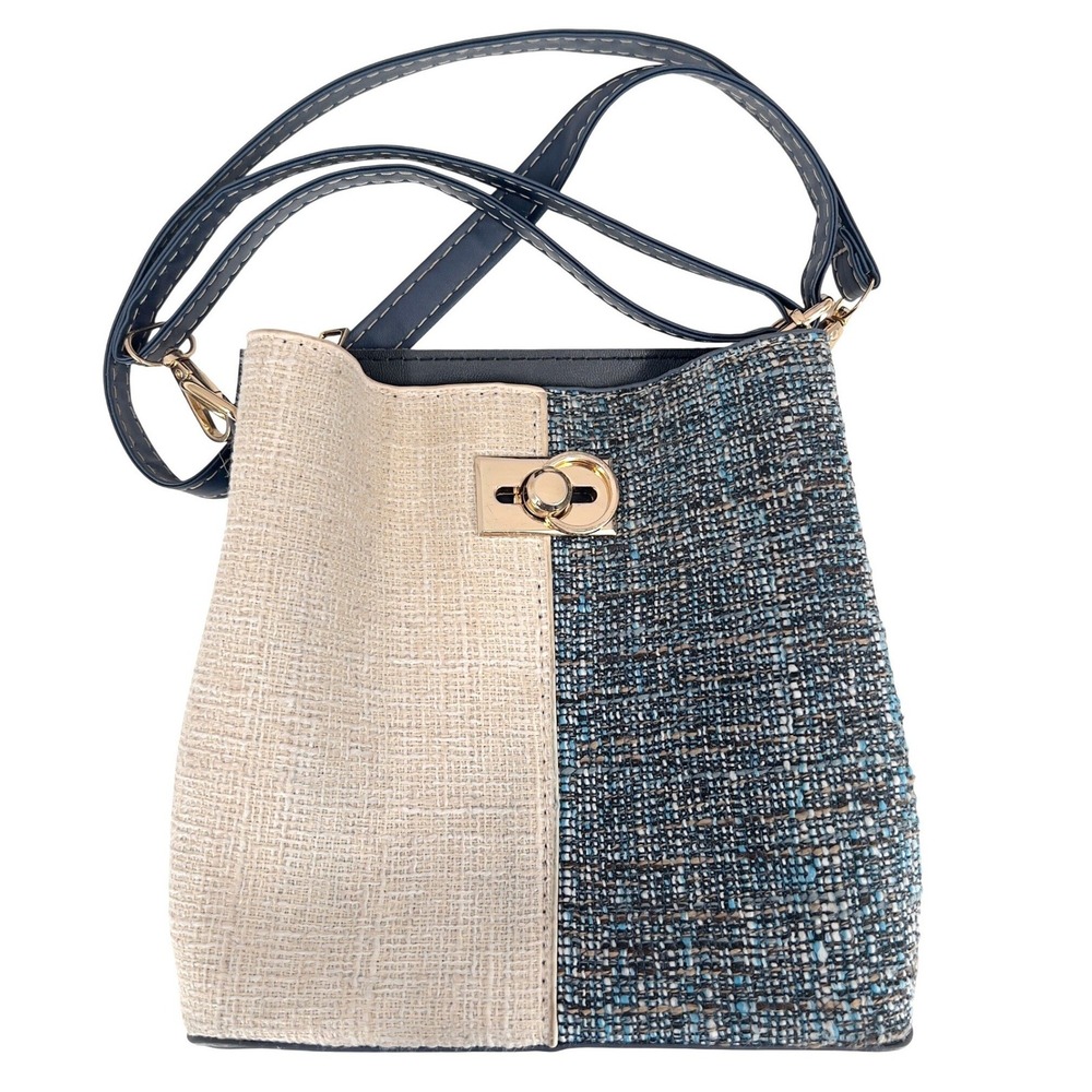 Womens Tweed Crossbody Bag Blue Cream Woven Gold Hardware Small Colorblock Paris